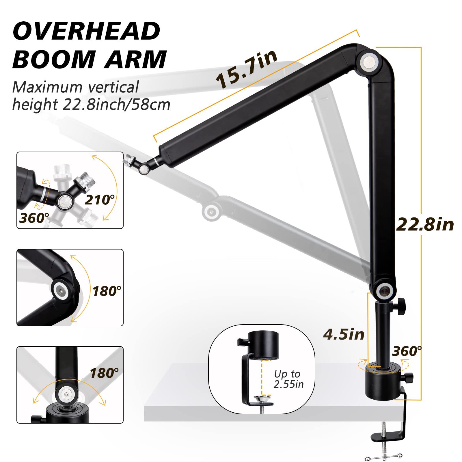 Blue Yeti Boom Arm with Extension Tube - Mic Boom Arm Compatible with HyperX QuadCast, Weighted Metal Height adjustment Mic Arm